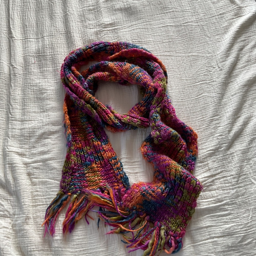 Chunky Knit Fringe Scarf Wool Blend Multicolor Boho Space Dye Long Cozy